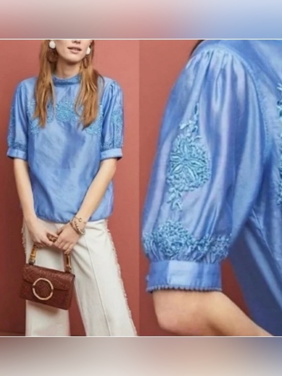 Anthropologie Tops - Anthropologie Payal Jain blue embroidered blouse, size M